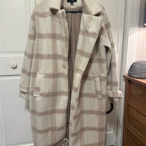 Haute Monde Cream and Tan Plaid Trench Coat